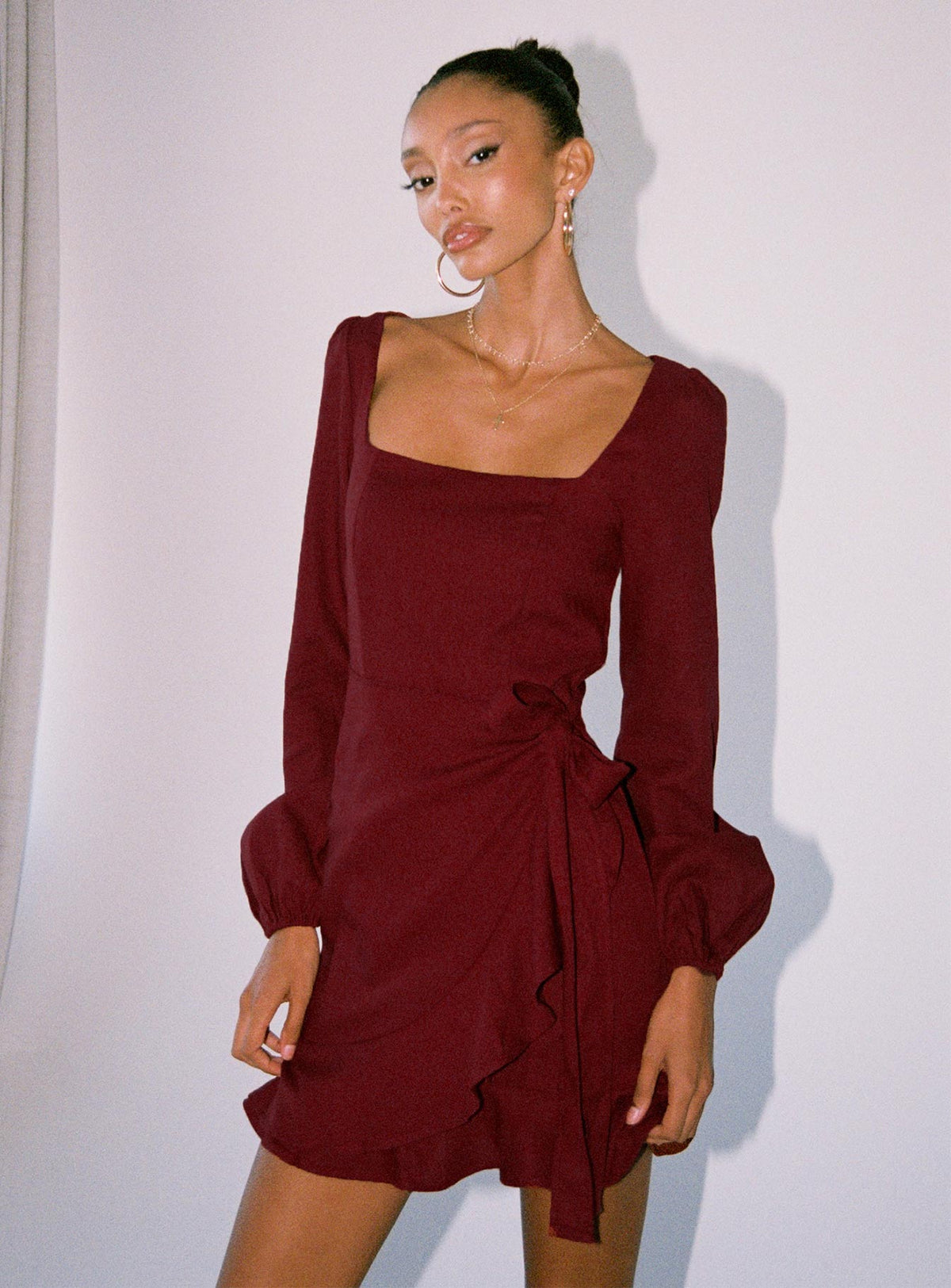side view of model wearing Princess Polly The Villa Mini Dress Square Neck