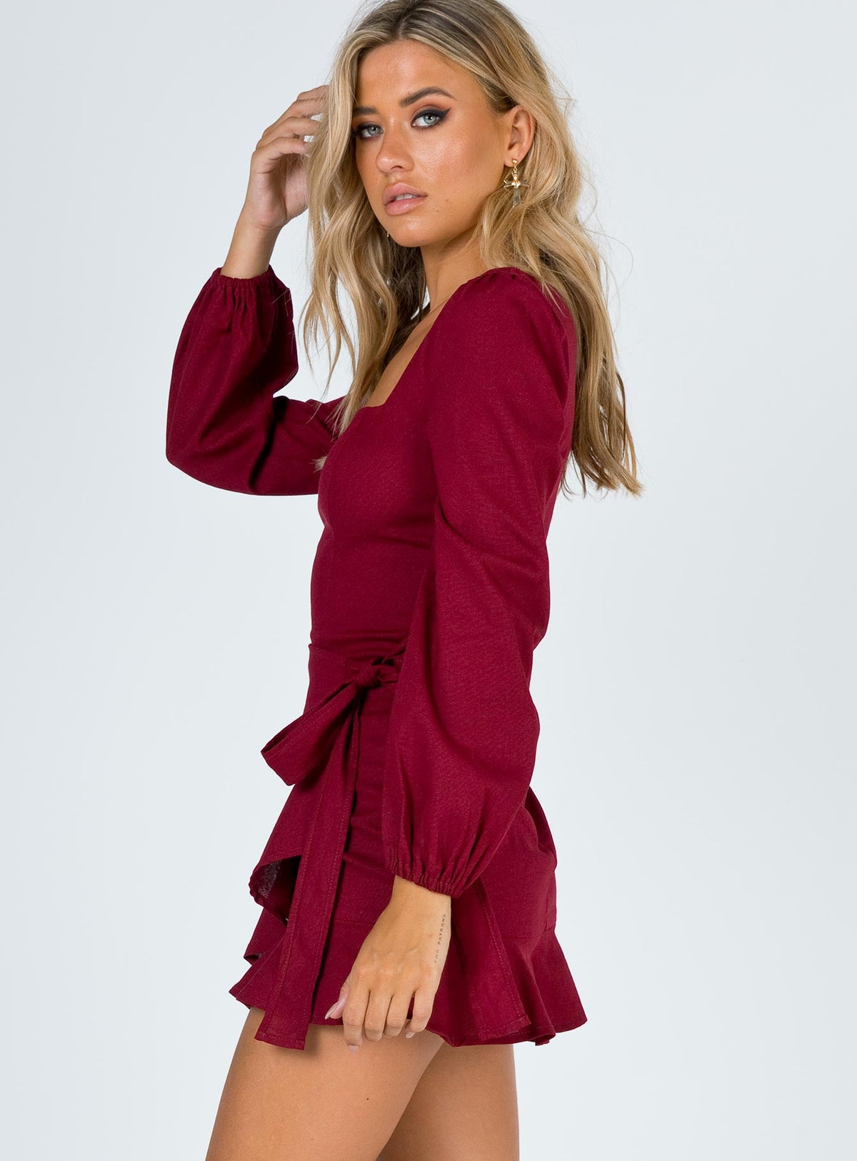 side view of model wearing Princess Polly The Villa Mini Dress Square Neck