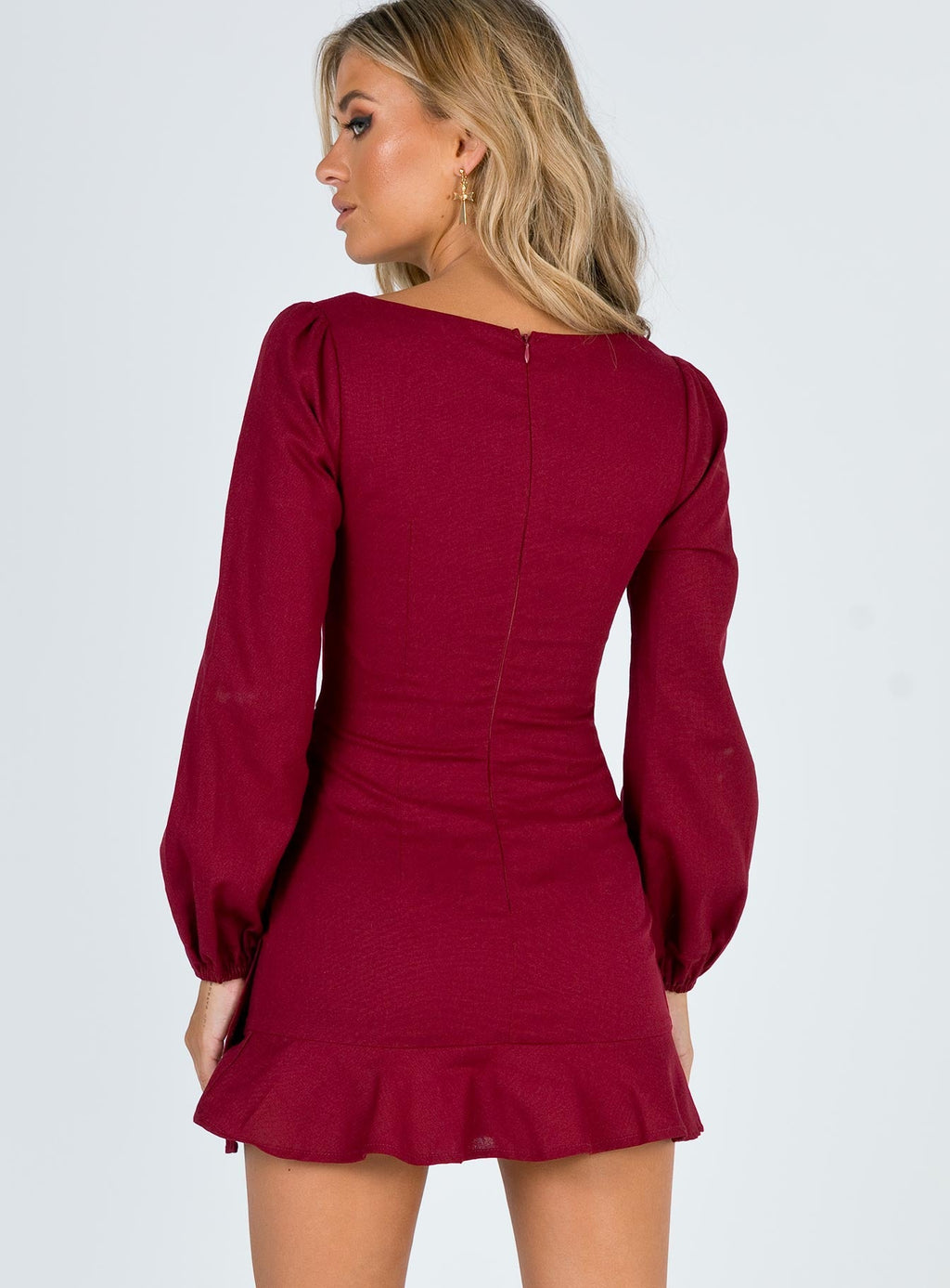 back view of model wearing Princess Polly The Villa Mini Dress Square Neck