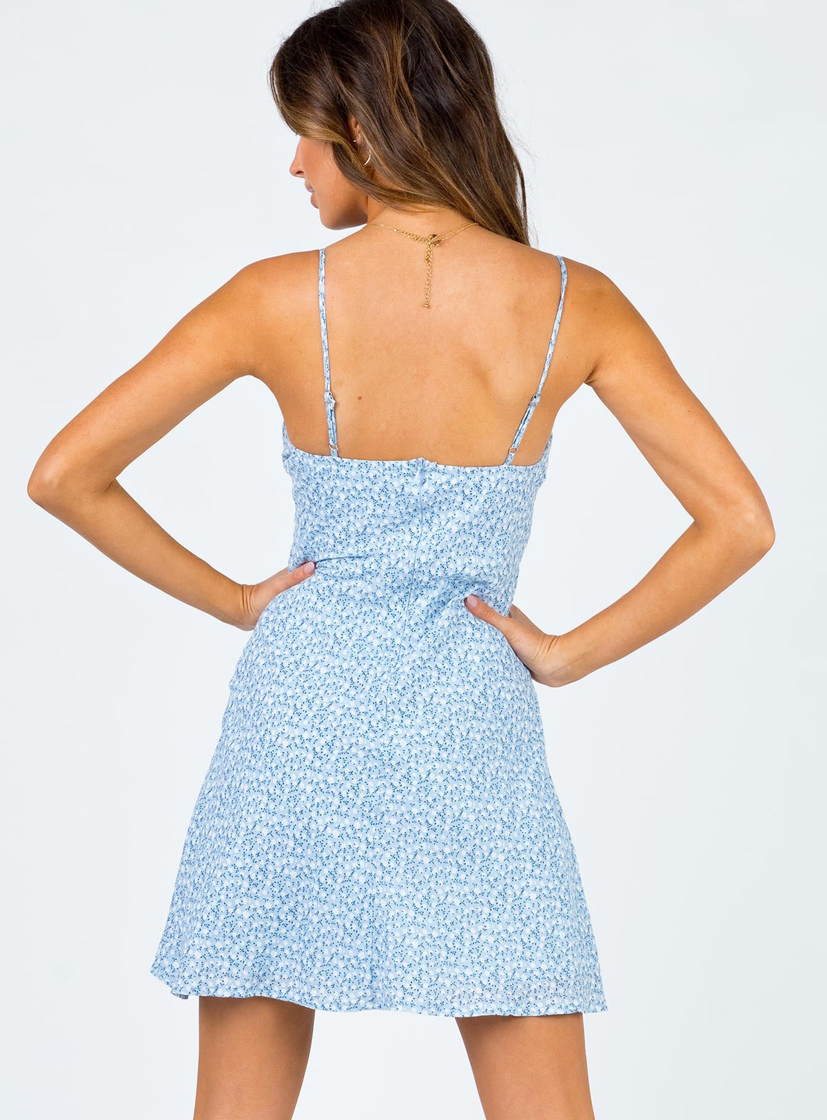 back view of model wearing Princess Polly Elvia Mini Dress Blue