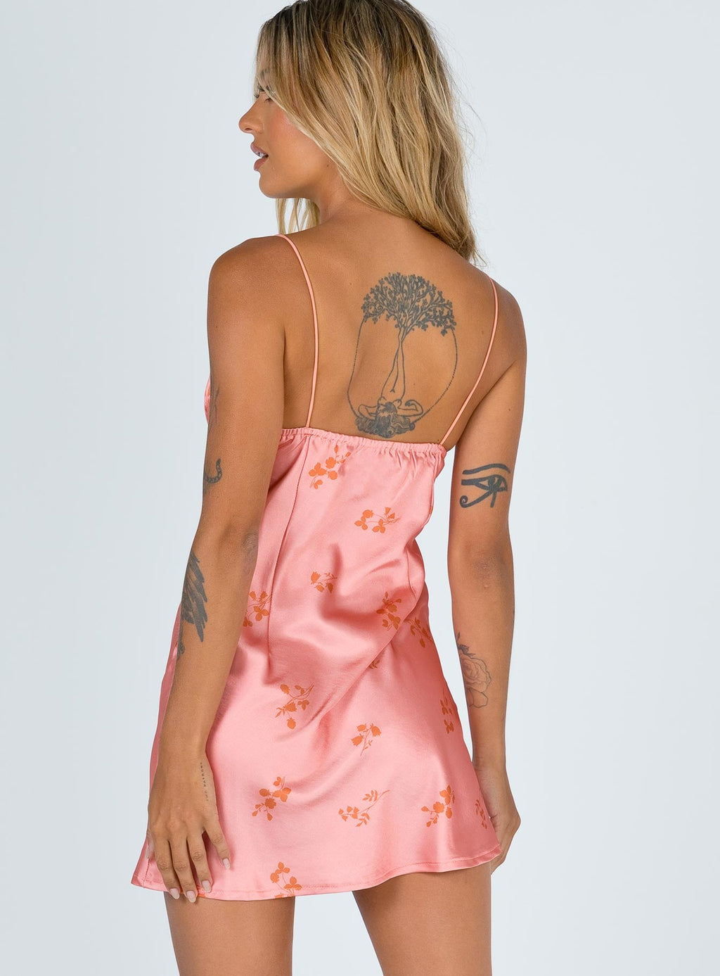 back view of model wearing Princess Polly Stargazing Mini Dress Pink Floral